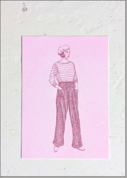 Frau mit Streifenshirt - Burgundy auf Bubblegum