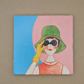 Fliese - Frau mit Fernglas