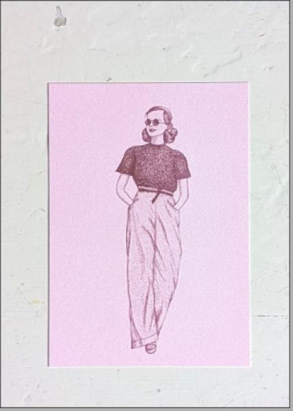 Frau mit Sonnenbrille - Burgundy auf Bubblegum