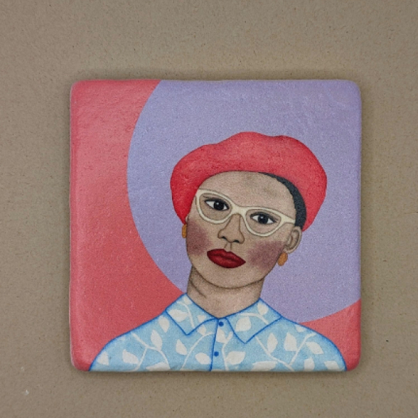 Fliese - Frau mit roter Baske